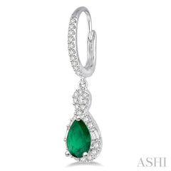 6X4MM Pear Cut Emerald and 1/2 Ctw Round Cut Diamond Precious Earrings in 14K White Gold