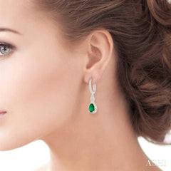 6X4MM Pear Cut Emerald and 1/2 Ctw Round Cut Diamond Precious Earrings in 14K White Gold