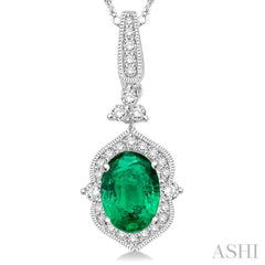 6x4 MM Oval Shape Emerald and 1/5 Ctw Diamond Pendant in 14K White Gold with Chain