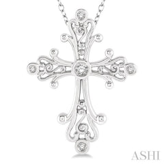 1/10 Ctw Victorian Cross Round Cut Diamond Pendant With Link Chain in 10K White Gold