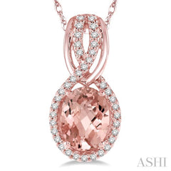 1/6 Ctw Round Cut Diamond and Oval Cut 8x6 MM Morganite Entwined Semi Precious Pendant in 14K Rose Gold with chain