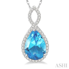 1/4 Ctw Round Cut Diamond and Entwined Pear Cut 12x8 MM Blue Topaz Semi Precious Pendant in 10K White Gold with chain