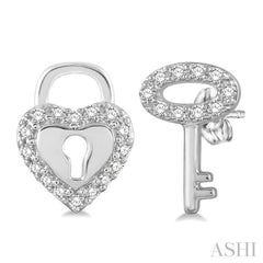 1/6 Ctw Heart Lock & Key Charm Round Cut Diamond Earrings in 10K White Gold