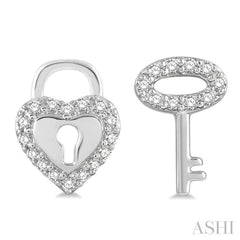 1/6 Ctw Heart Lock & Key Charm Round Cut Diamond Earrings in 10K White Gold