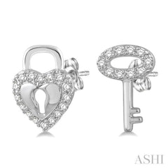 1/6 Ctw Heart Lock & Key Charm Round Cut Diamond Earrings in 10K White Gold