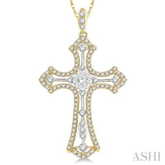 3/4 Ctw Lovebright Round Cut Diamond Cross Pendant in 14K Yellow and White Gold