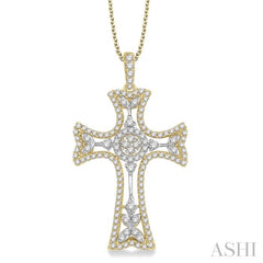 7/8 Ctw Round Cut Diamond Cross Pendant in 14K Yellow and White Gold