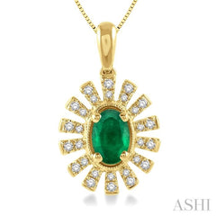 1/8 Ctw Floral Pattern 6x4 MM Oval Cut Emerald & Round Cut Diamond Precious Pendant With Chain in 10K Yellow Gold