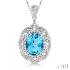 1/10 Ctw Oval Cut 8x6 MM Blue Topaz & Round Cut Diamond Semi Precious Pendant With Chain in 10K White Gold