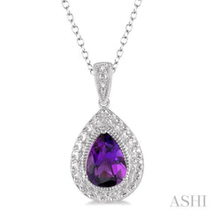 1/50 Ctw Pear Shape 9x6 MM Amethyst & Round Cut Diamond Semi Precious Pendant With Chain in Sterling Silver