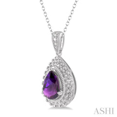 1/50 Ctw Pear Shape 9x6 MM Amethyst & Round Cut Diamond Semi Precious Pendant With Chain in Sterling Silver