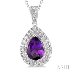 1/50 Ctw Pear Shape 9x6 MM Amethyst & Round Cut Diamond Semi Precious Pendant With Chain in Sterling Silver