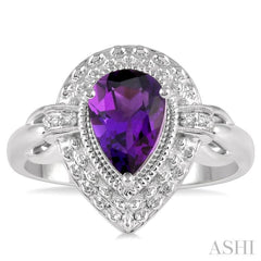 1/50 Ctw Pear Shape 9x6 MM Amethyst & Round Cut Diamond Semi Precious Ring in Sterling Silver