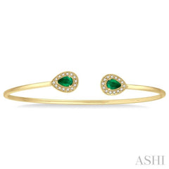 1/5 Ctw Pear Shape 6x4 MM Emerald & Round Cut Diamond Precious Flexi Bangle in 14K Yellow Gold