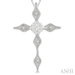 1/8 Ctw Pointed Tip Marquise Cross Charm Round Cut Diamond Pendant With Chain in 14K White Gold