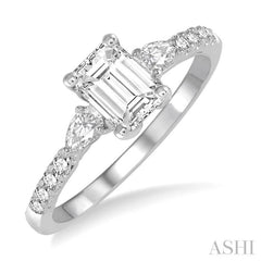 3/8 Ctw Emerald Shape Pear & Round Cut Diamond Semi-Mount Engagement Ring in 14K White Gold