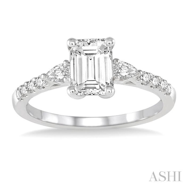 3/8 Ctw Emerald Shape Pear & Round Cut Diamond Semi-Mount Engagement Ring in 14K White Gold