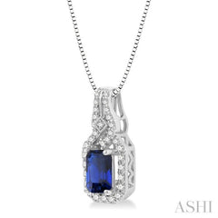 1/5 Ctw Interlocking Round Cut Diamond & 6x4 MM Emerald Shape Sapphire Precious Pendant With Chain in 14K White Gold