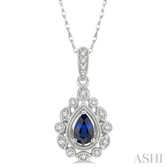 1/8 Ctw Lattice Round Cut Diamond & 6x4 MM Pear Cut Sapphire Precious Pendant With Chain in 10K White Gold