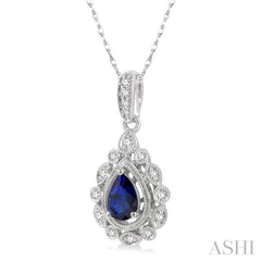 1/8 Ctw Lattice Round Cut Diamond & 6x4 MM Pear Cut Sapphire Precious Pendant With Chain in 10K White Gold