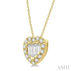 1/5 ctw Heart Shape Baguette Center & Round Cut Diamond Pendant With Chain in 14K Yellow Gold