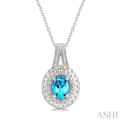 1/20 Ctw Medallion Round Cut Diamond & 8x6 MM Oval Cut Blue Topaz Semi Precious Pendant With Chain in Sterling Silver