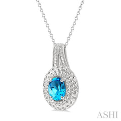 1/20 Ctw Medallion Round Cut Diamond & 8x6 MM Oval Cut Blue Topaz Semi Precious Pendant With Chain in Sterling Silver