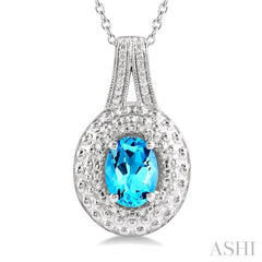 1/20 Ctw Medallion Round Cut Diamond & 8x6 MM Oval Cut Blue Topaz Semi Precious Pendant With Chain in Sterling Silver