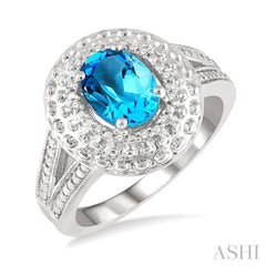 1/20 Ctw Medallion Center Mount Round Cut Diamond & 8x6 MM Oval Cut Blue Topaz Semi Precious Ring in Sterling Silver