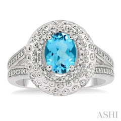 1/20 Ctw Medallion Center Mount Round Cut Diamond & 8x6 MM Oval Cut Blue Topaz Semi Precious Ring in Sterling Silver