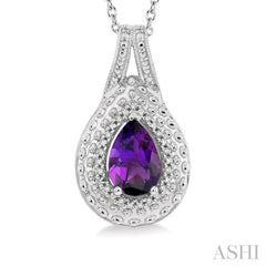 1/20 Ctw Round Cut Diamond & 9x6 MM Pear Cut Amethyst Semi Precious Pendant With Chain in Sterling Silver