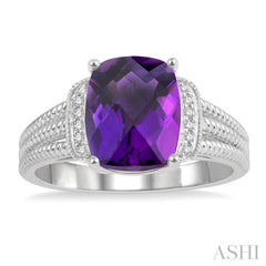 1/20 Ctw Round Cut Diamond & 10x8 MM Cushion Shape Amethyst Semi Precious Ring in Sterling Silver