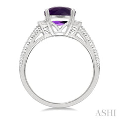 1/20 Ctw Round Cut Diamond & 10x8 MM Cushion Shape Amethyst Semi Precious Ring in Sterling Silver