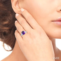 1/20 Ctw Round Cut Diamond & 10x8 MM Cushion Shape Amethyst Semi Precious Ring in Sterling Silver