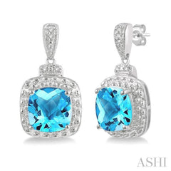 1/50 Ctw Round Cut Diamond & 8x8 MM Cushion Shape Blue Topaz Semi Precious Earring in Sterling Silver