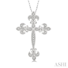 1/10 Ctw Fleur De Lis Round Cut Diamond Cross Pendant With Chain in 10K White Gold