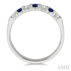 3/8 ctw Round Cut Diamond and 3MM Sapphire Precious Wedding Band in 14K White Gold