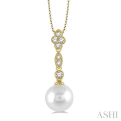 8MM Cultured Pearl and 1/6 ctw Floral Dangler Round Cut Diamond Pendant With Chain in 14K Yellow Gold