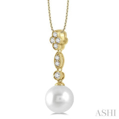 8MM Cultured Pearl and 1/6 ctw Floral Dangler Round Cut Diamond Pendant With Chain in 14K Yellow Gold