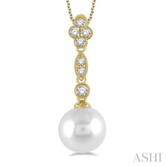 8MM Cultured Pearl and 1/6 ctw Floral Dangler Round Cut Diamond Pendant With Chain in 14K Yellow Gold