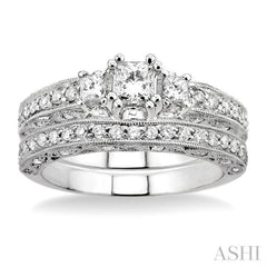 1 1/4 Ctw Diamond Wedding Set with 7/8 Ctw Princess Cut Engagement Ring and 3/8 Ctw Wedding Band in 14K White Gold