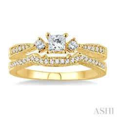 1/2 Ctw Diamond Wedding Set with 3/8 Ctw Princess Cut Engagement Ring and 1/10 Ctw Wedding Band in 14K Yellow Gold