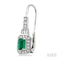 6x4 MM Emerald Shape Emerald and 1/2 Ctw Baguette and Round Cut Diamond Earrings in 14K White Gold