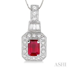 6x4 MM Emerald Shape Ruby and 1/4 Ctw Round and Baguette Cut Diamond Pendant in 14K White Gold with Chain