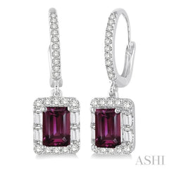 6x4 MM Emerald Cut Rhodolite Garnet and 5/8 Ctw Diamond Earrings in 14K White Gold