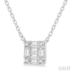 1/8 Ctw Square Shape Baguette and Round Cut Diamond Petite Fashion Pendant With Chain in 10K White Gold