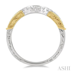 1/5 ctw Engraved Two Tone Round Cut Diamond Wedding Band in 14K White and Yellow Gold