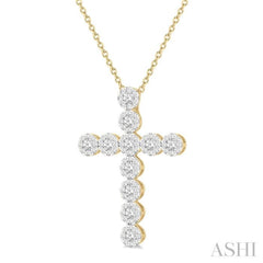 1 Ctw Lovebright Round Cut Diamond Cross Pendant in 14K Yellow and White Gold with Chain