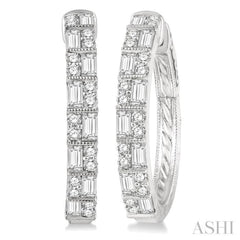 1 ctw Basket Weave Baguette and Round Cut Diamond Hoop Earrings in 14K White Gold