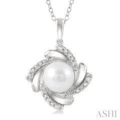 1/50 Ctw Swirl Round Cut Diamond & 7x7 MM Cultured Pearl Pendant With Chain in Sterling Silver